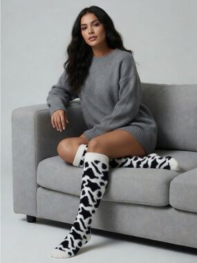 Cozy Black & White Patterned Fuzzy Knee Socks 2 pair